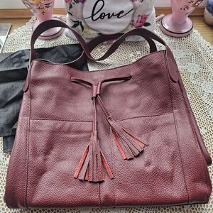 LAGGO Leather Burgundy Shoulder Bag With Drawstring & Tassels (Like New)